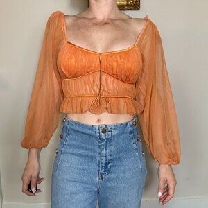 Stunning Sheer Orange Puff Sleeves Corset Long Sleeve Top Size Medium